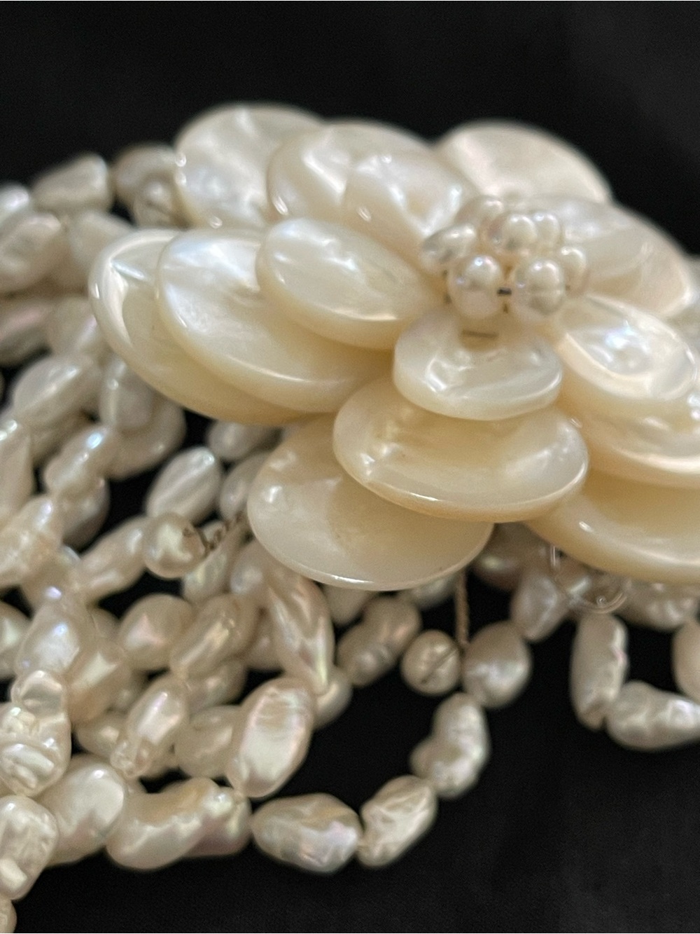 Real Pearl Flower Statement Necklace - Cream Pearlescent Beads